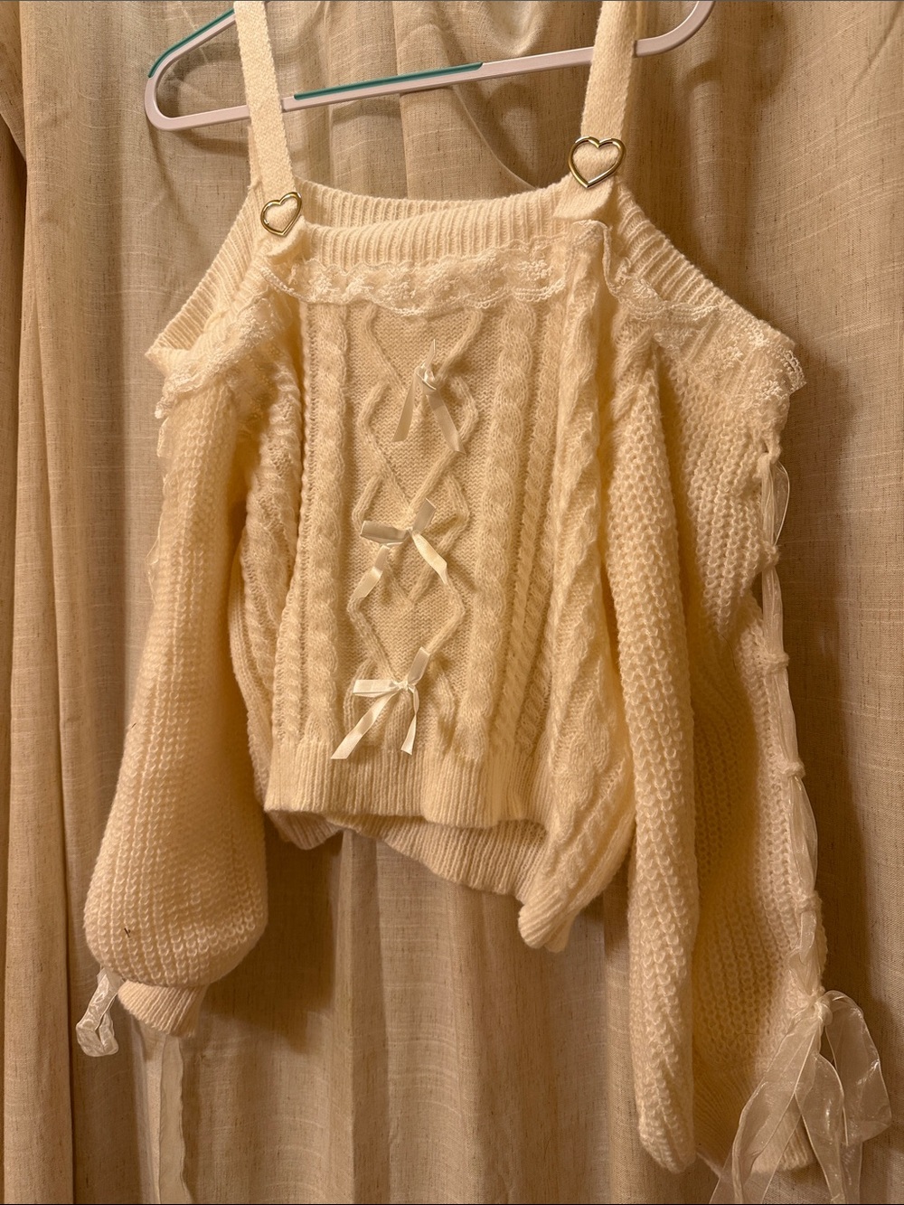 Cream Off-Shoulder Cable Knit Sweater with Ribbon Detail